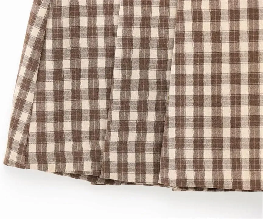 Women Elegant Knit Single Breasted Plaid For Outfit Short Tank Vest Tops Mid Waist Skirt Set