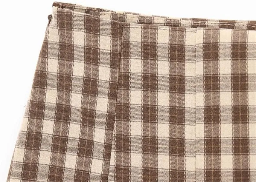Women Elegant Knit Single Breasted Plaid For Outfit Short Tank Vest Tops Mid Waist Skirt Set