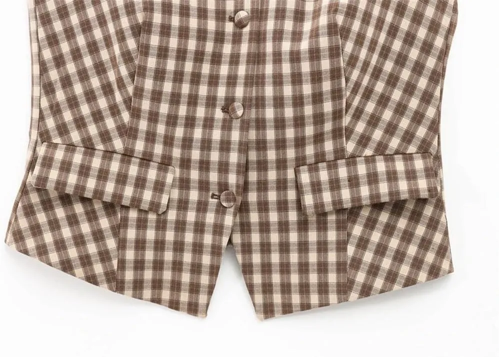 Women Elegant Knit Single Breasted Plaid For Outfit Short Tank Vest Tops Mid Waist Skirt Set