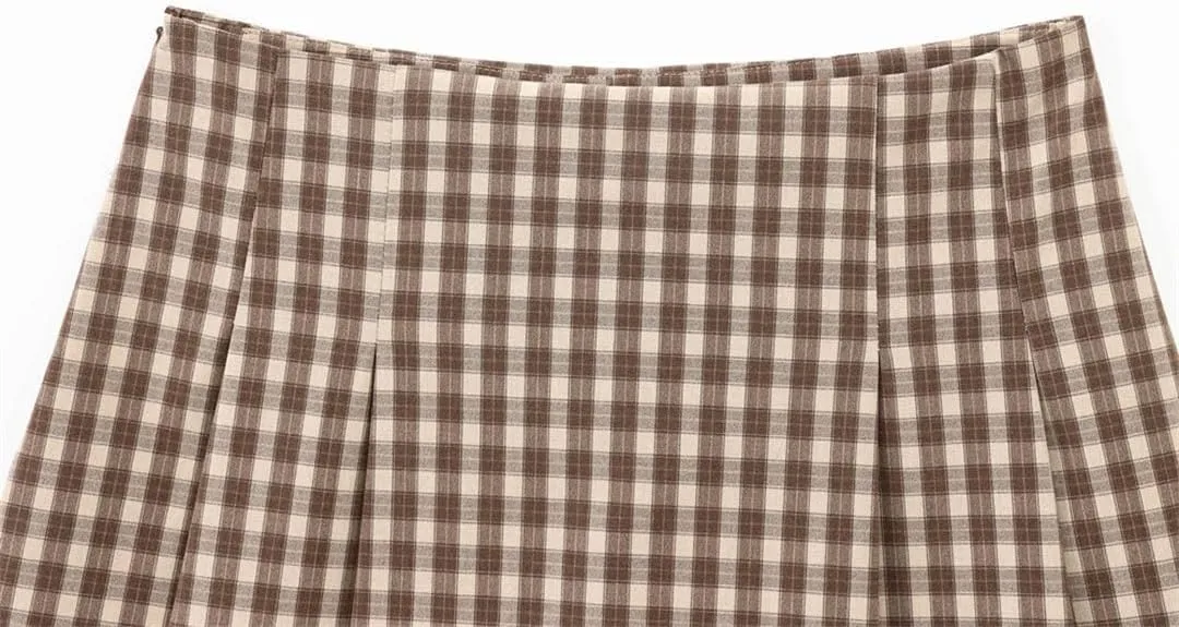 Women Elegant Knit Single Breasted Plaid For Outfit Short Tank Vest Tops Mid Waist Skirt Set