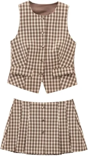 Women Elegant Knit Single Breasted Plaid For Outfit Short Tank Vest Tops Mid Waist Skirt Set