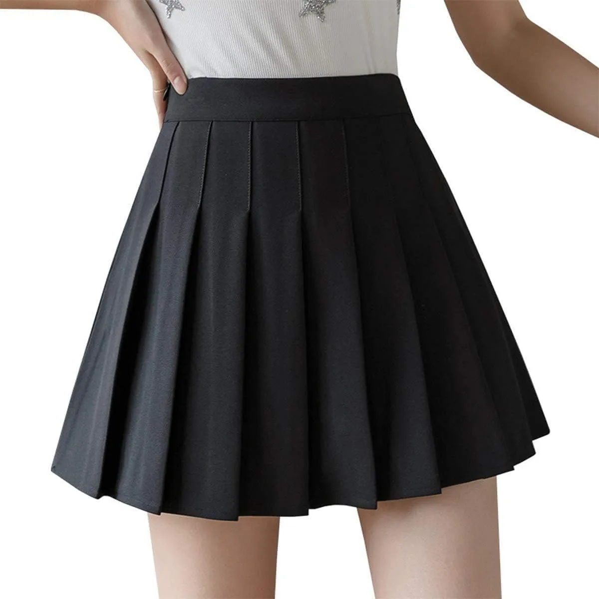 Women High Waisted Pleated Skirt Plain A-line Mini Skater Tennis Skirt School Uniform Skirts with Shorts for Girls (Black,X-Small)