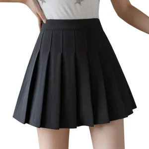 Women High Waisted Pleated Skirt Plain A-line Mini Skater Tennis Skirt School Uniform Skirts with Shorts for Girls (Black,X-Small)