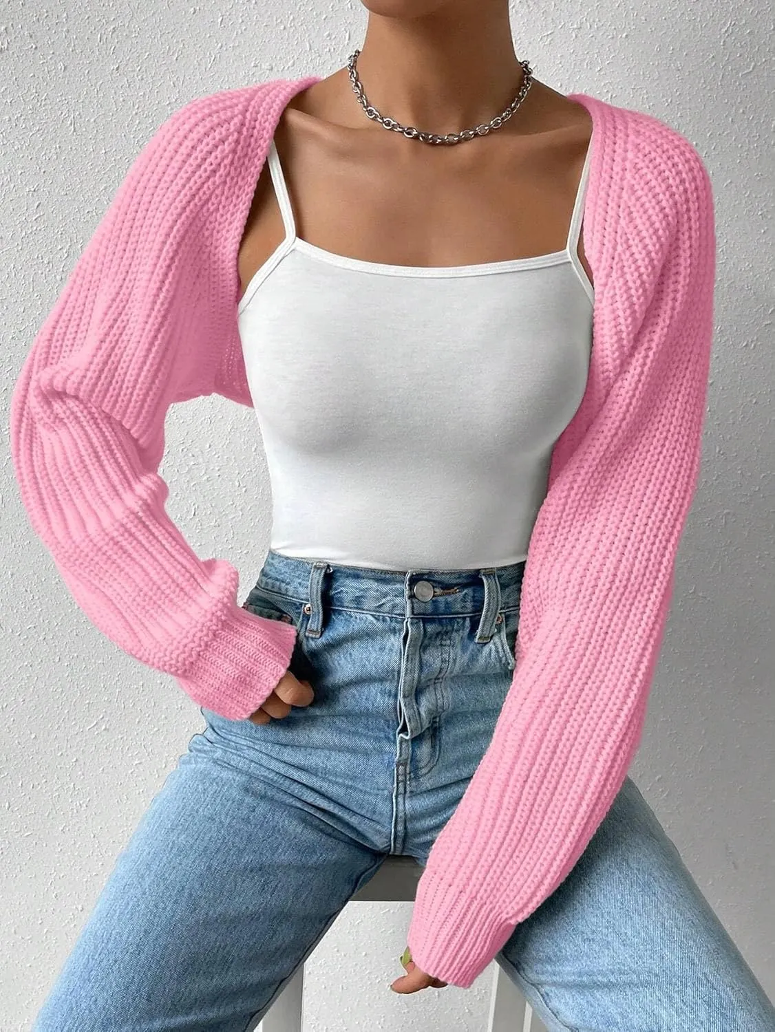 Women Long Sleeve Drop Shoulder Crop Cardigan Sweater Solid Loose Fit Casual Open Front Crop Shrug Sweater Top
