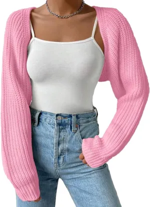 Women Long Sleeve Drop Shoulder Crop Cardigan Sweater Solid Loose Fit Casual Open Front Crop Shrug Sweater Top