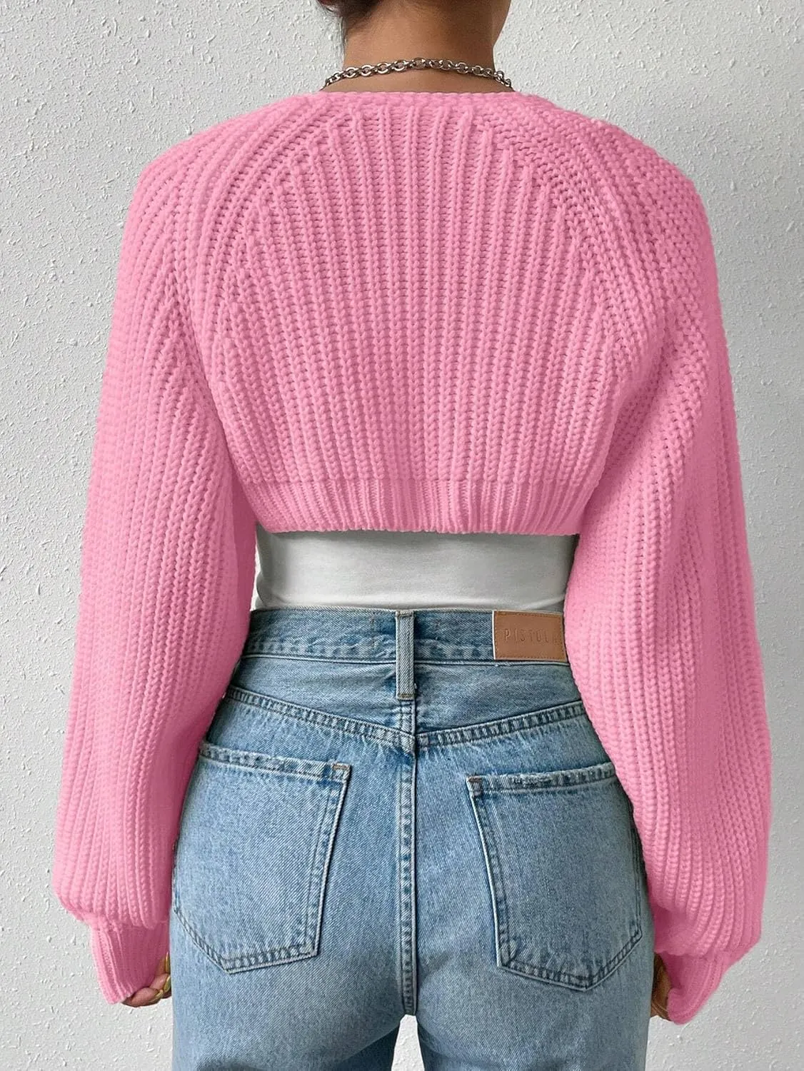 Women Long Sleeve Drop Shoulder Crop Cardigan Sweater Solid Loose Fit Casual Open Front Crop Shrug Sweater Top