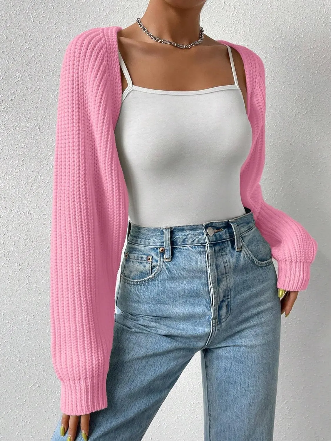Women Long Sleeve Drop Shoulder Crop Cardigan Sweater Solid Loose Fit Casual Open Front Crop Shrug Sweater Top