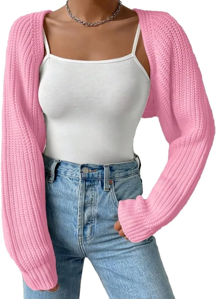 Women Long Sleeve Drop Shoulder Crop Cardigan Sweater Solid Loose Fit Casual Open Front Crop Shrug Sweater Top