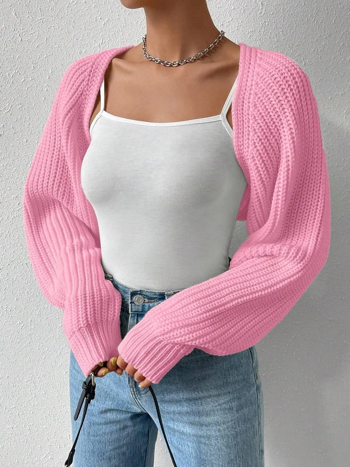 Women Long Sleeve Drop Shoulder Crop Cardigan Sweater Solid Loose Fit Casual Open Front Crop Shrug Sweater Top