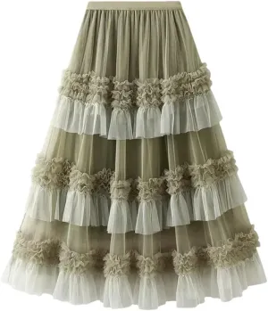 Women Loose FIT Big Swing Yarn Sweet Lace Pleated Edge Skirt