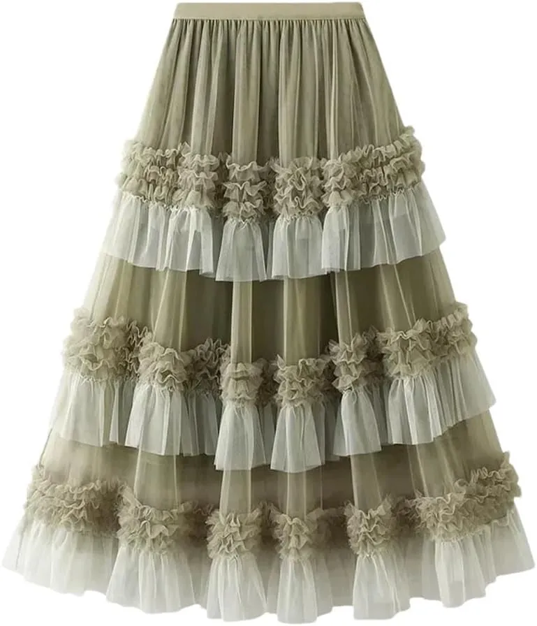 Women Loose FIT Big Swing Yarn Sweet Lace Pleated Edge Skirt