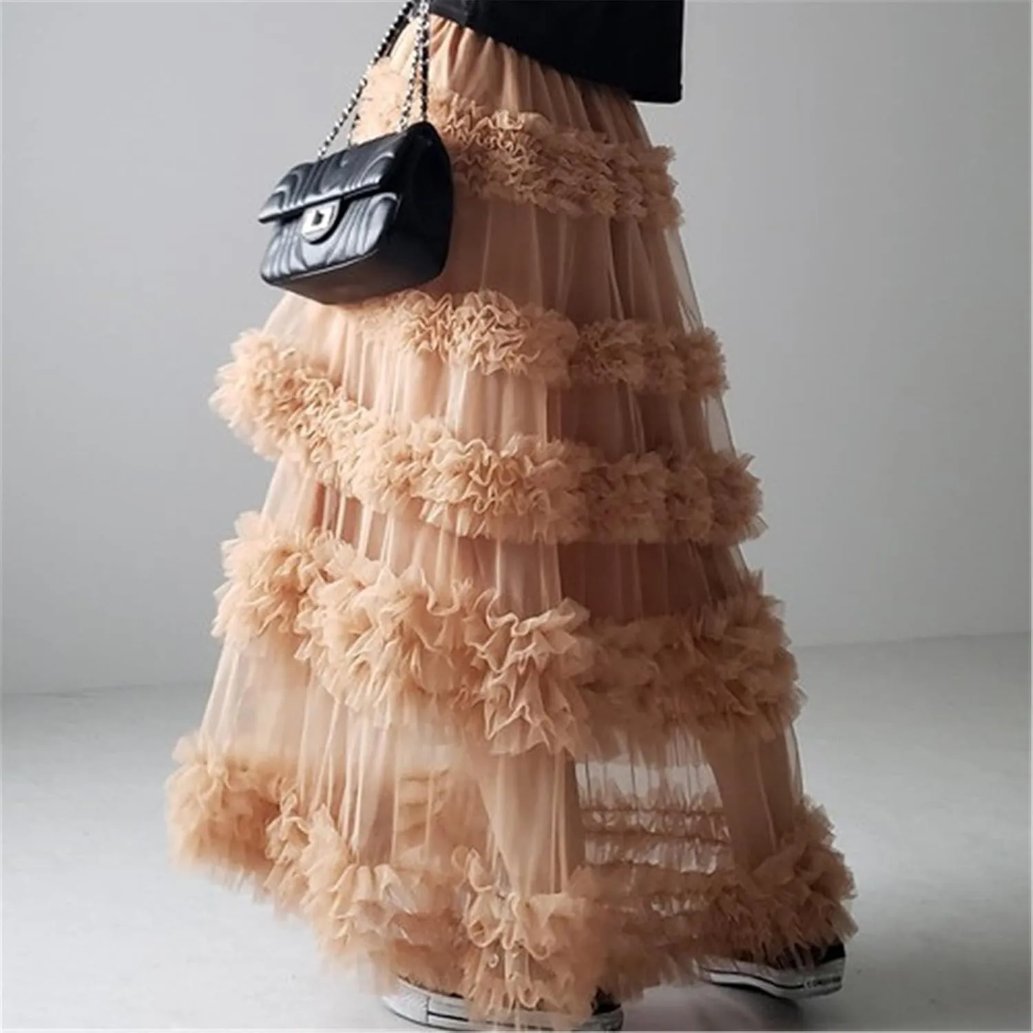 Women Mesh A Line Long Skirts Sheer Tulle Elastic High Rise Flowy Maxi Skirt Tiered Ruffled Tutu Skirt Streetwear