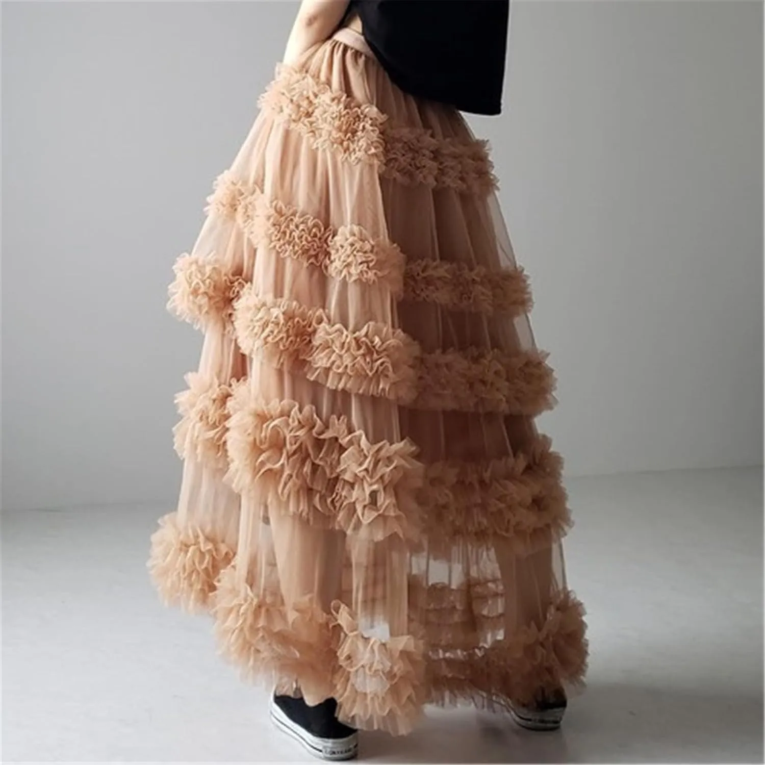 Women Mesh A Line Long Skirts Sheer Tulle Elastic High Rise Flowy Maxi Skirt Tiered Ruffled Tutu Skirt Streetwear