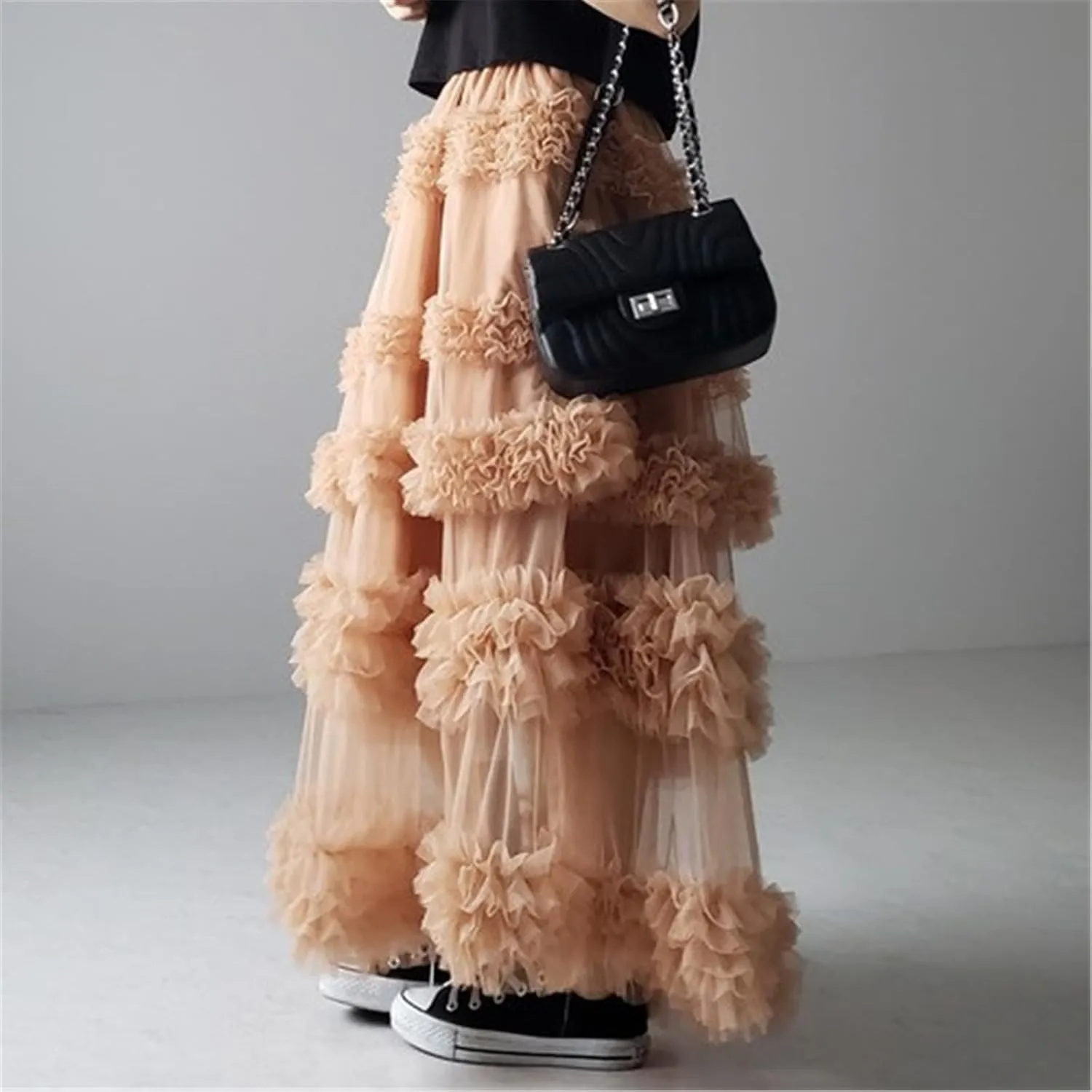 Women Mesh A Line Long Skirts Sheer Tulle Elastic High Rise Flowy Maxi Skirt Tiered Ruffled Tutu Skirt Streetwear
