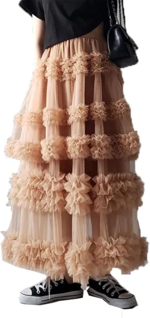 Women Mesh A Line Long Skirts Sheer Tulle Elastic High Rise Flowy Maxi Skirt Tiered Ruffled Tutu Skirt Streetwear
