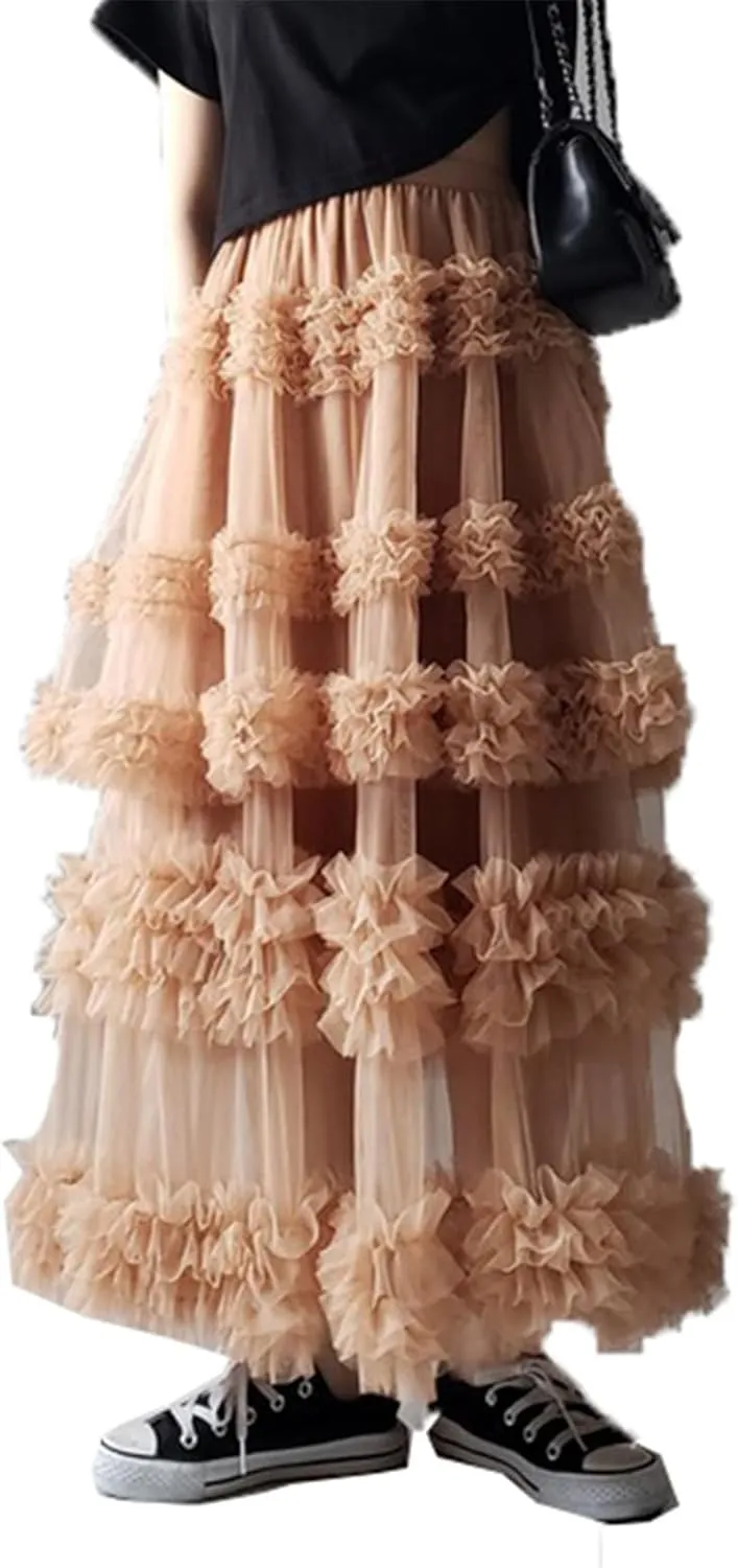 Women Mesh A Line Long Skirts Sheer Tulle Elastic High Rise Flowy Maxi Skirt Tiered Ruffled Tutu Skirt Streetwear