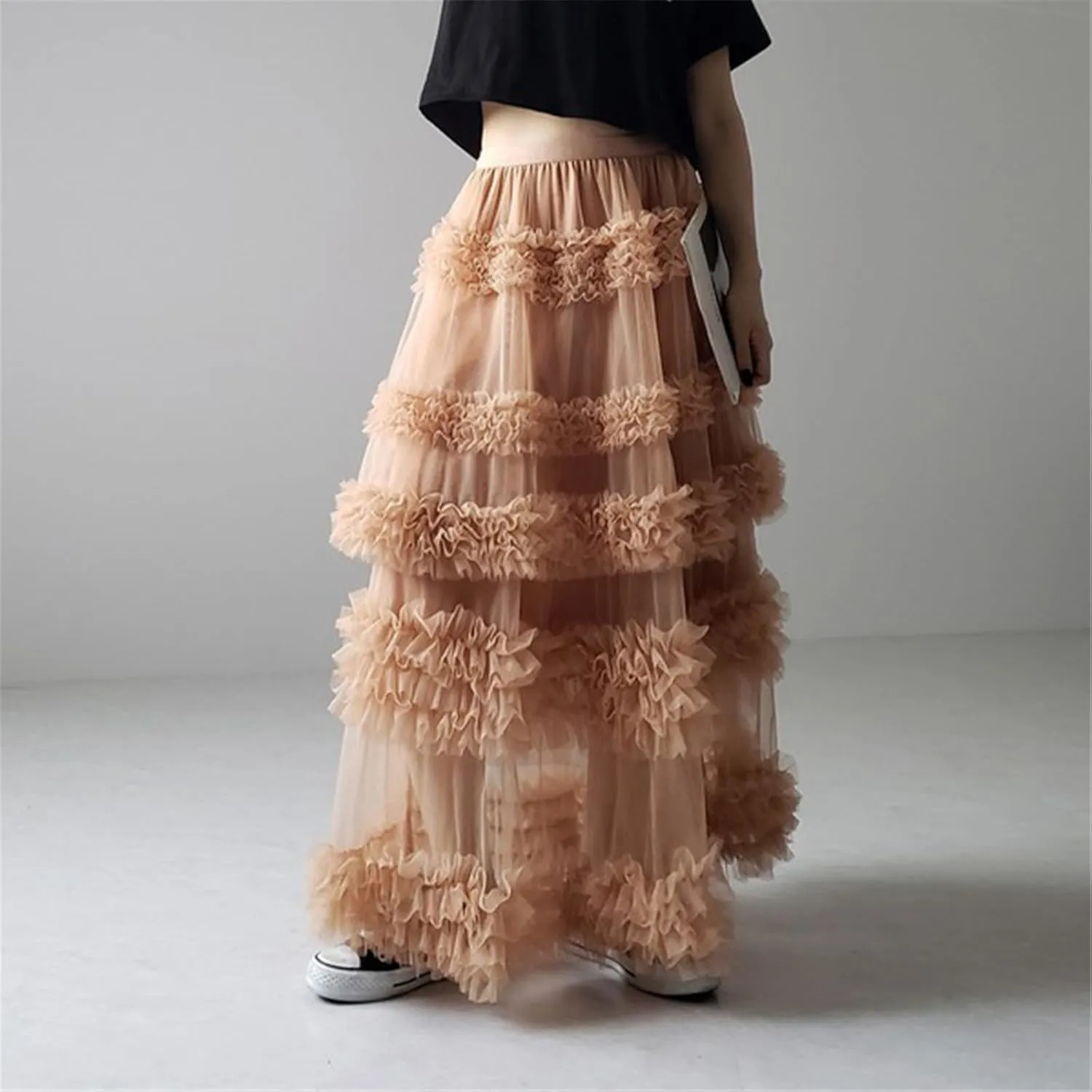 Women Mesh A Line Long Skirts Sheer Tulle Elastic High Rise Flowy Maxi Skirt Tiered Ruffled Tutu Skirt Streetwear