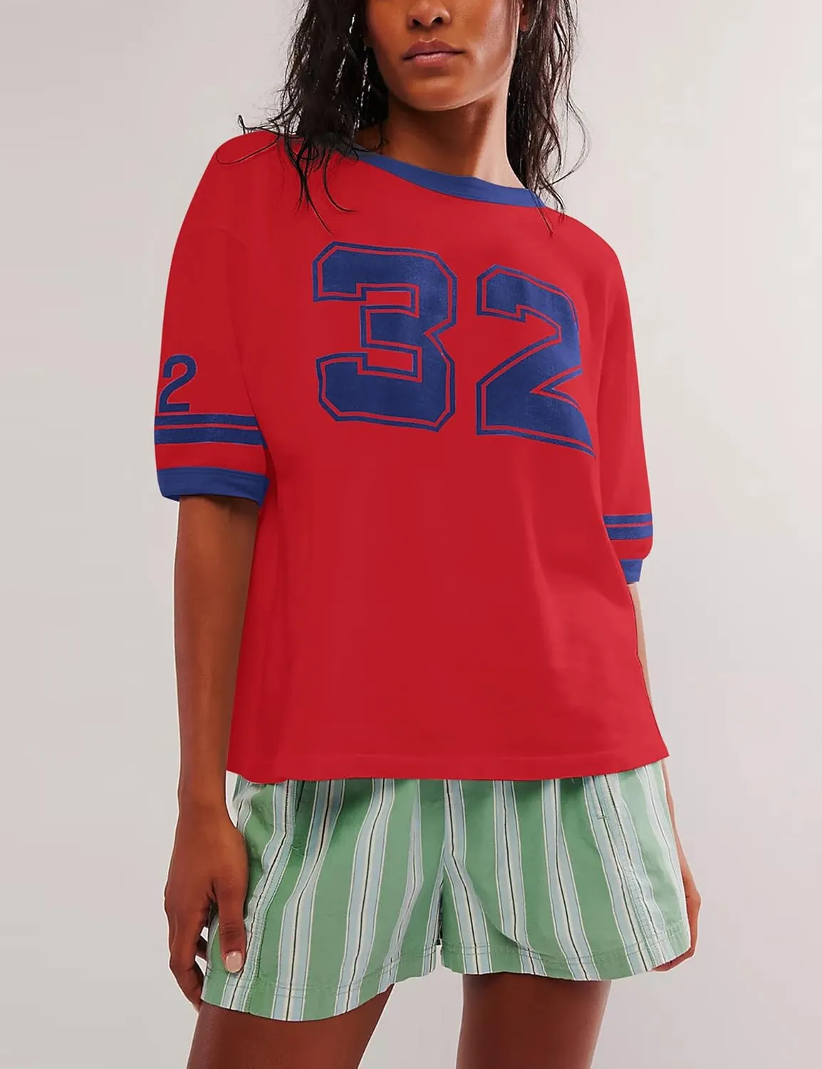 Women Oversized Graphic Print Short Sleeve T-Shirts Crewneck Color Block Shirts Casual Loose Fit 2024 Summer Tee Tops