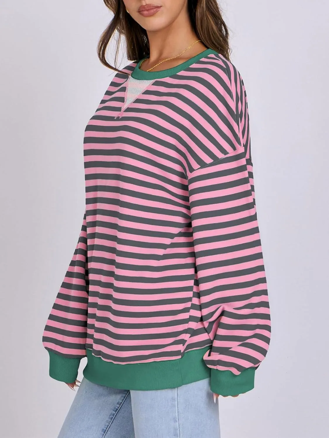 Women Oversized Striped Color Block Long Sleeve Crew Neck Sweatshirt Casual Loose Pullover Y2K Shirt Top