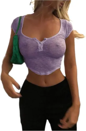 Women Sexy See Through Tops Y2k Teen Girls Slim Fit Short Sleeve Transparent Baby Tee Summer Sheer Cropped Tshirt