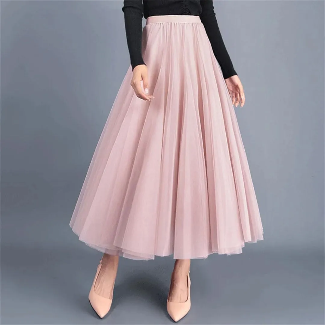 Women Solid High Waist Tulle Mesh Loose A-Line Skirts