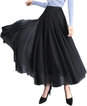 Women Solid High Waist Tulle Mesh Loose A-Line Skirts