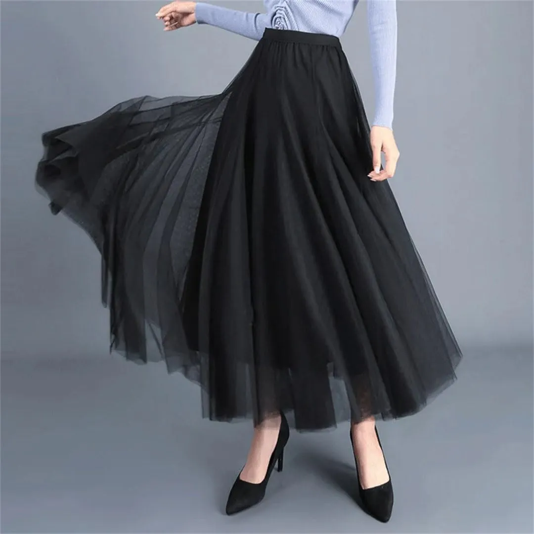 Women Solid High Waist Tulle Mesh Loose A-Line Skirts