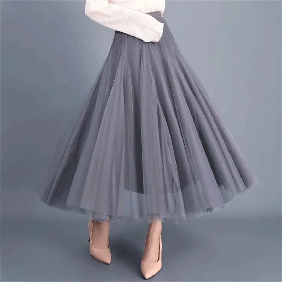 Women Solid High Waist Tulle Mesh Loose A-Line Skirts