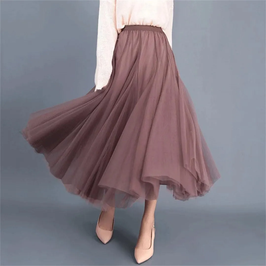 Women Solid High Waist Tulle Mesh Loose A-Line Skirts
