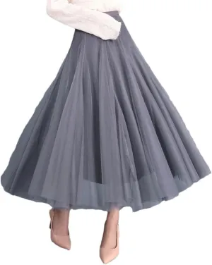 Women Solid High Waist Tulle Mesh Loose A-Line Skirts