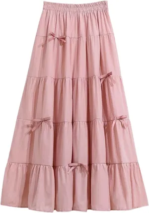 Women Solid Tiered Elastic Waist Bow Loose Casual A-Line Skirts