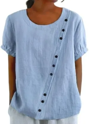 Women Summer Cotton Linen Short Sleeve Tops Casual Crew Neck Solid Color Plus Size T Shirt Summer Loose Blouse Tops