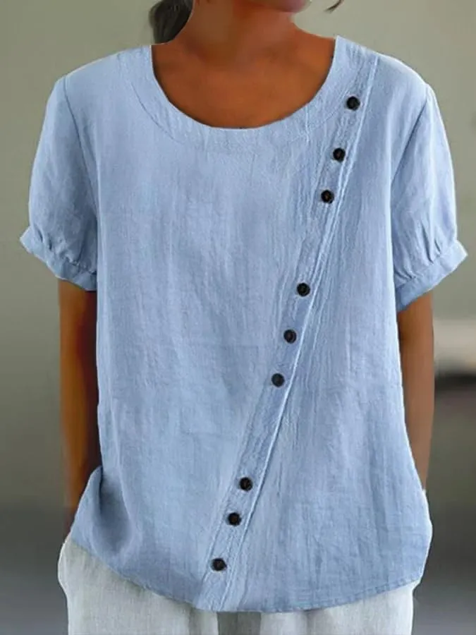 Women Summer Cotton Linen Short Sleeve Tops Casual Crew Neck Solid Color Plus Size T Shirt Summer Loose Blouse Tops