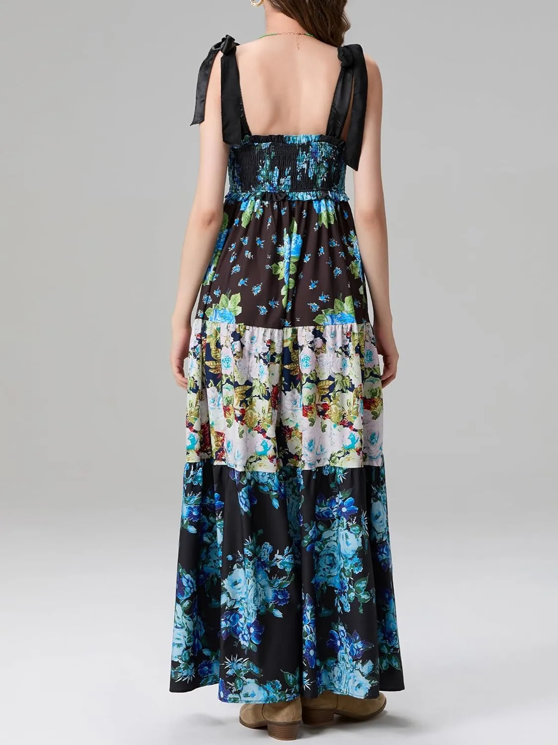 Women Summer Floral Spaghetti Strap Dress Flowy Smocked Tie Up Shoulder Boho Maxi Flowy Swing Dress Y2K Beach Sundress