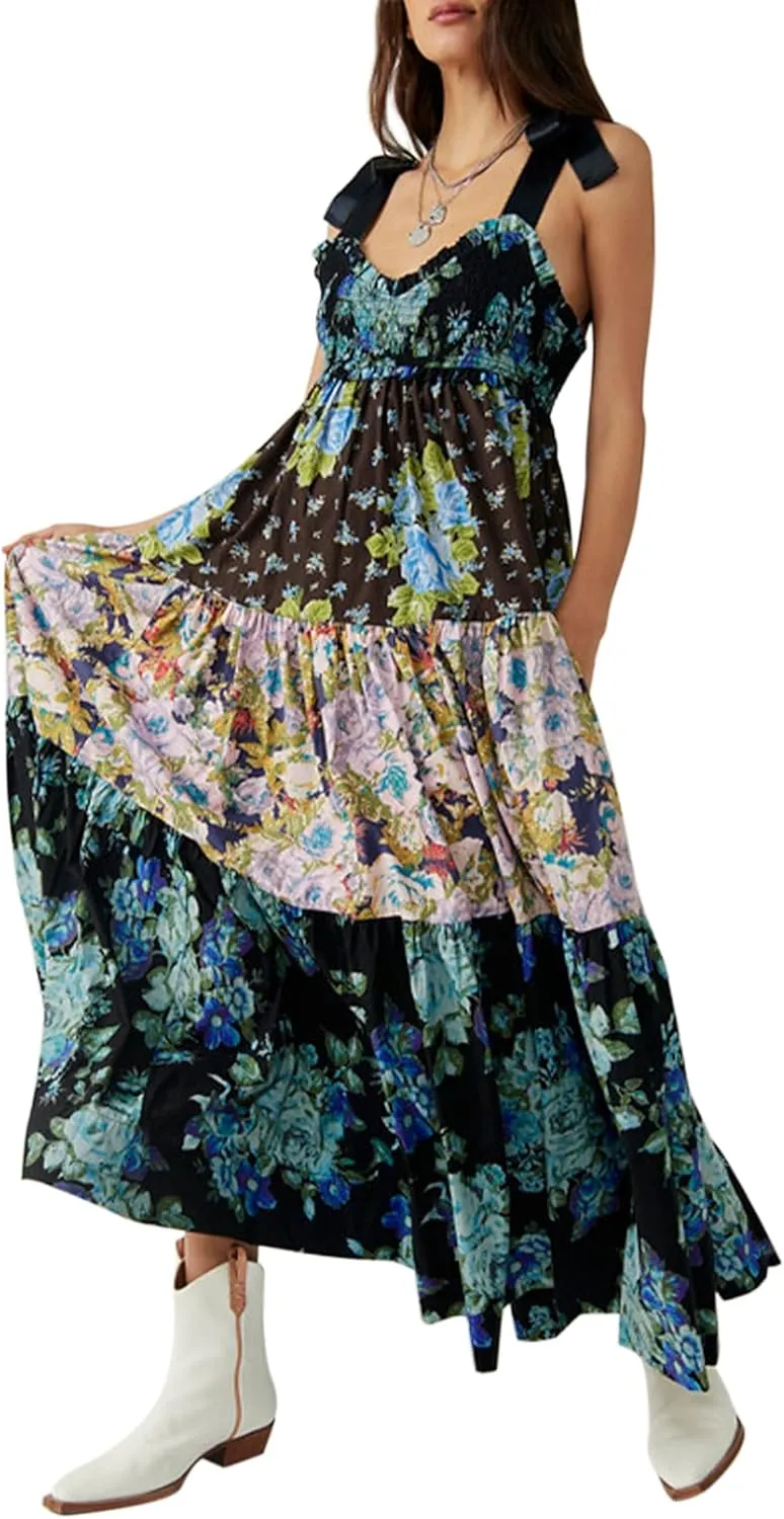 Women Summer Floral Spaghetti Strap Dress Flowy Smocked Tie Up Shoulder Boho Maxi Flowy Swing Dress Y2K Beach Sundress