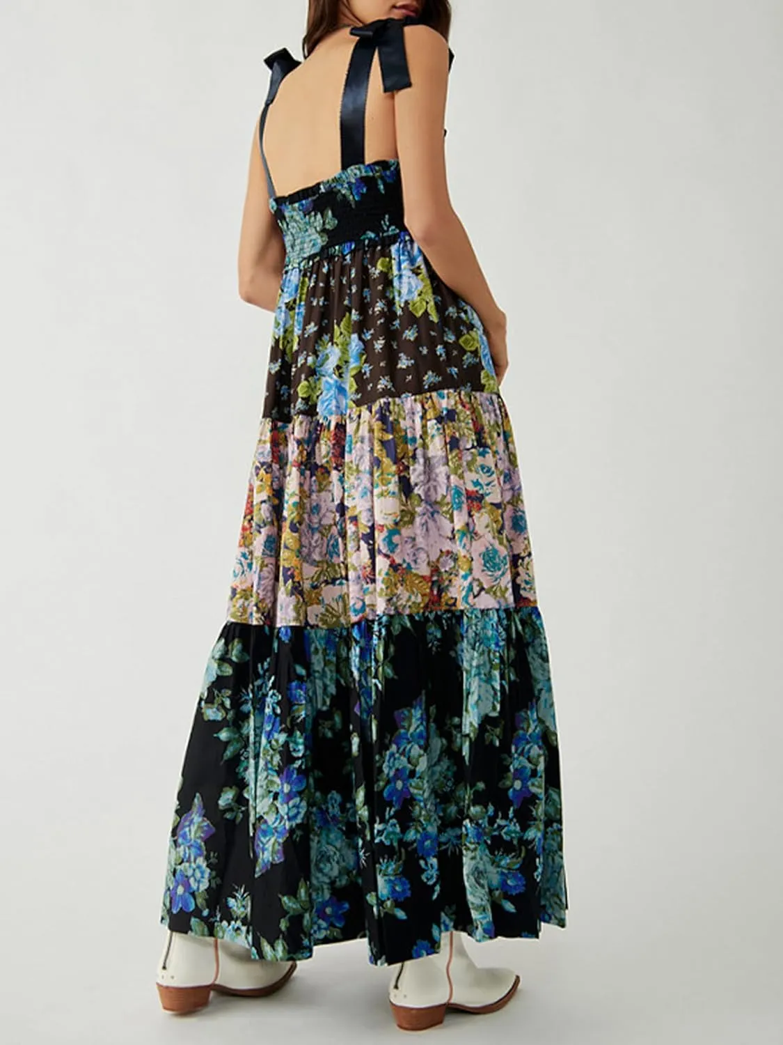 Women Summer Floral Spaghetti Strap Dress Flowy Smocked Tie Up Shoulder Boho Maxi Flowy Swing Dress Y2K Beach Sundress