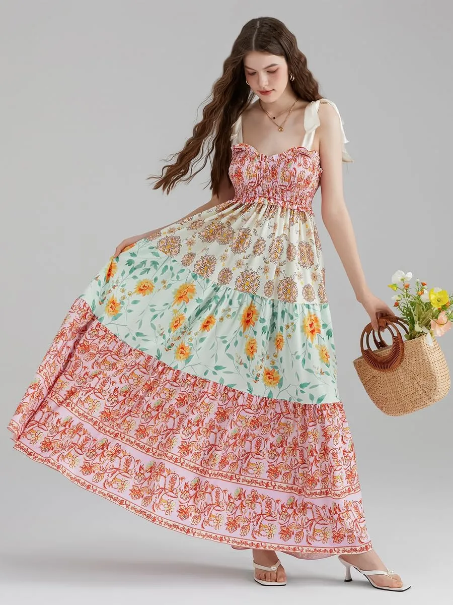 Women Summer Floral Spaghetti Strap Dress Flowy Smocked Tie Up Shoulder Boho Maxi Flowy Swing Dress Y2K Beach Sundress
