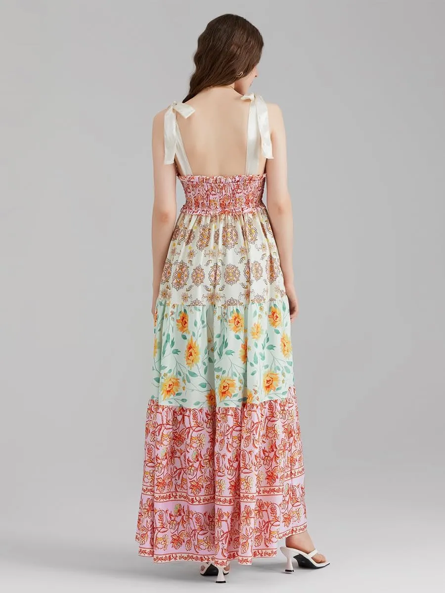 Women Summer Floral Spaghetti Strap Dress Flowy Smocked Tie Up Shoulder Boho Maxi Flowy Swing Dress Y2K Beach Sundress