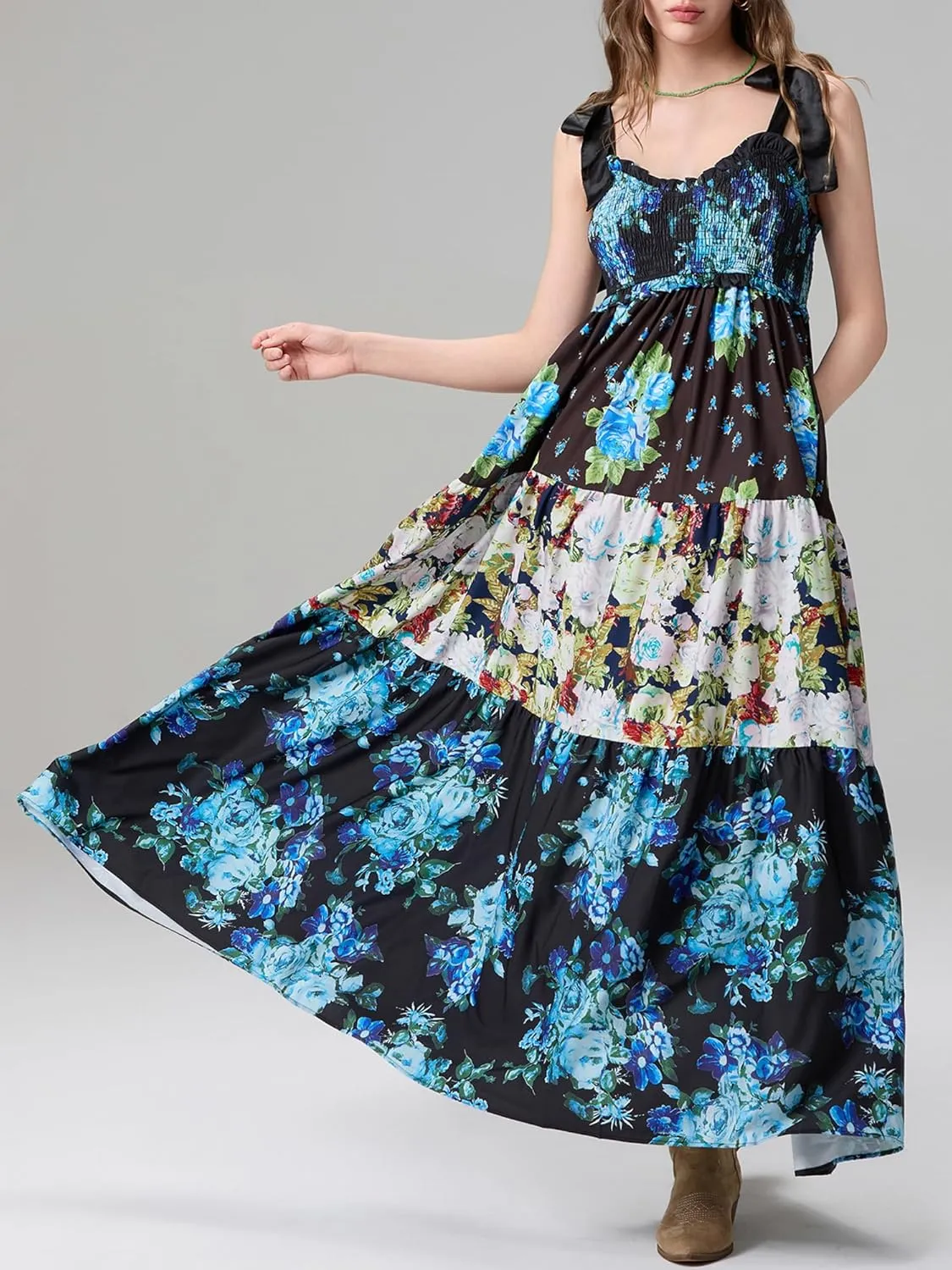 Women Summer Floral Spaghetti Strap Dress Flowy Smocked Tie Up Shoulder Boho Maxi Flowy Swing Dress Y2K Beach Sundress