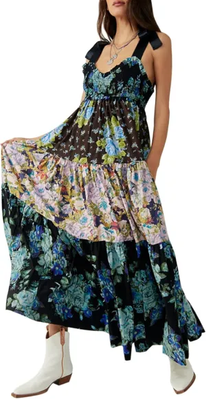 Women Summer Floral Spaghetti Strap Dress Flowy Smocked Tie Up Shoulder Boho Maxi Flowy Swing Dress Y2K Beach Sundress