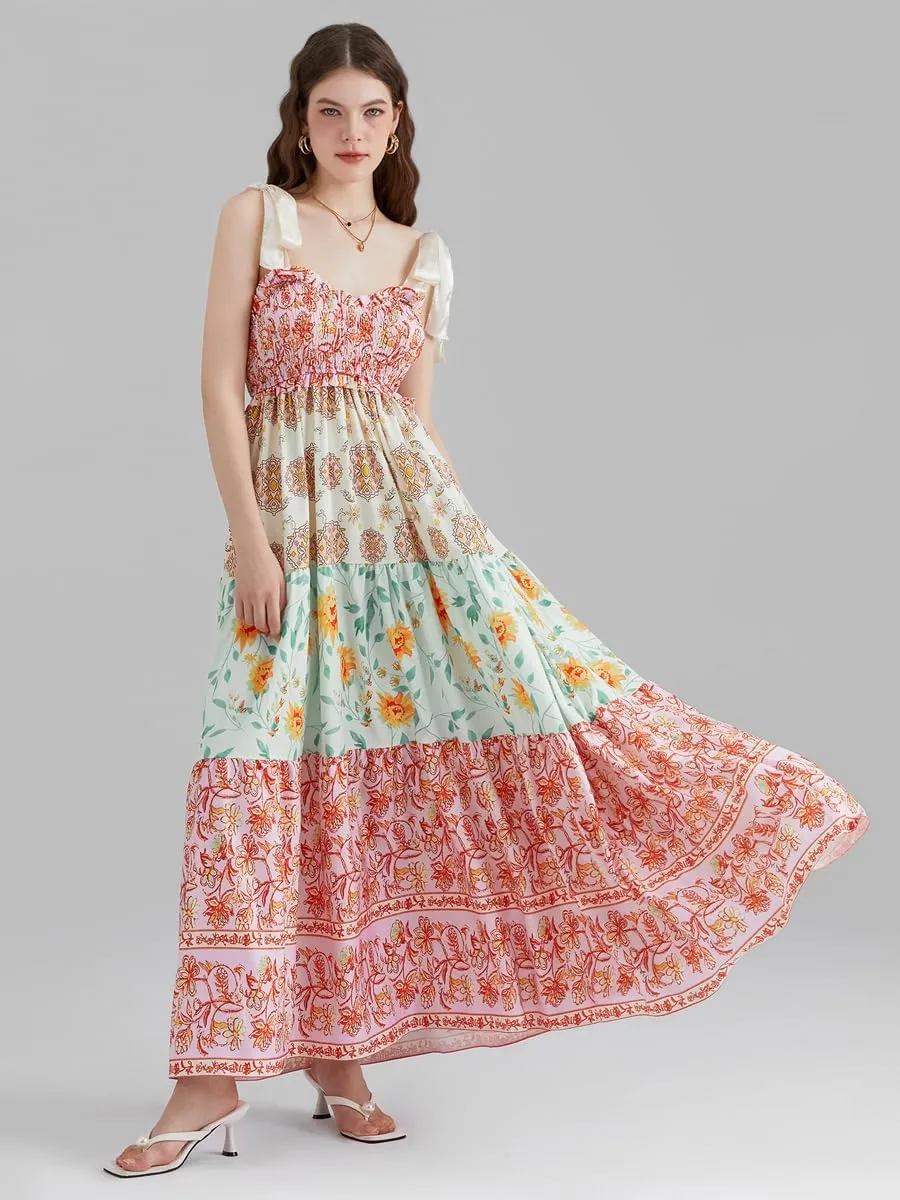 Women Summer Floral Spaghetti Strap Dress Flowy Smocked Tie Up Shoulder Boho Maxi Flowy Swing Dress Y2K Beach Sundress