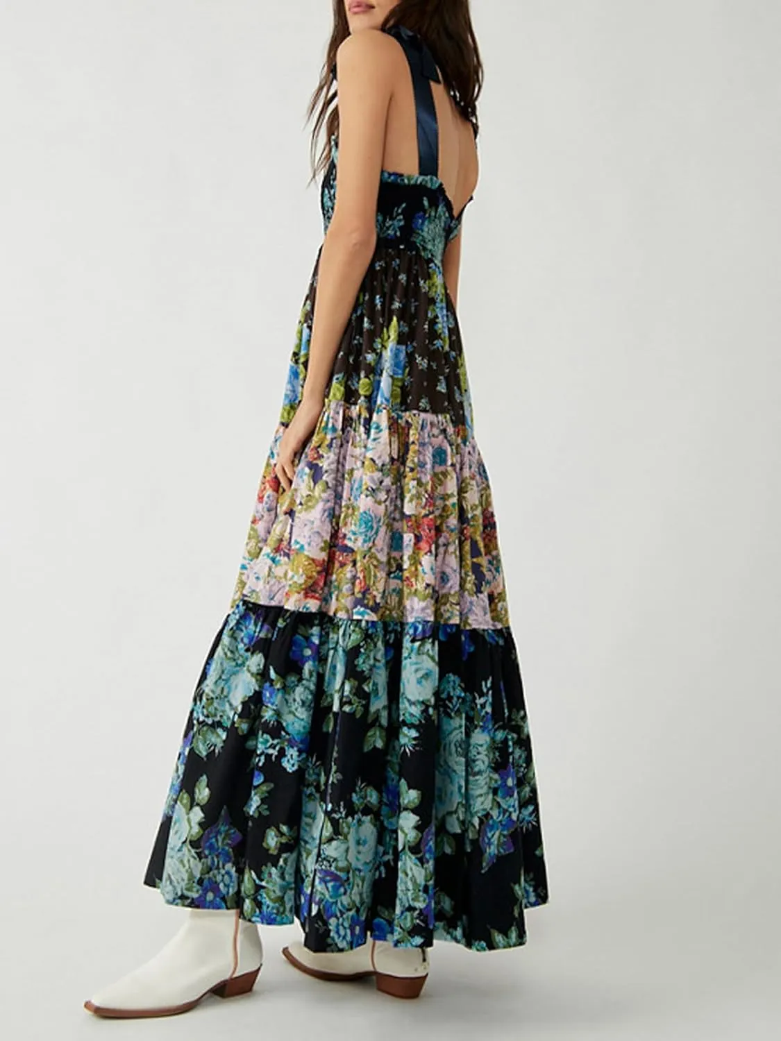Women Summer Floral Spaghetti Strap Dress Flowy Smocked Tie Up Shoulder Boho Maxi Flowy Swing Dress Y2K Beach Sundress