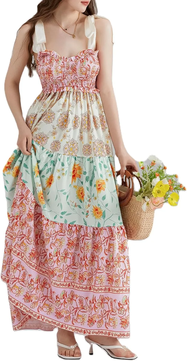 Women Summer Floral Spaghetti Strap Dress Flowy Smocked Tie Up Shoulder Boho Maxi Flowy Swing Dress Y2K Beach Sundress