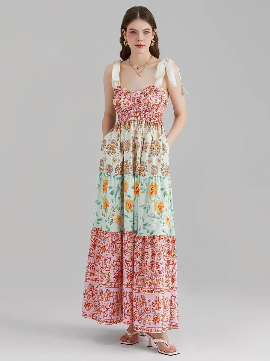 Women Summer Floral Spaghetti Strap Dress Flowy Smocked Tie Up Shoulder Boho Maxi Flowy Swing Dress Y2K Beach Sundress