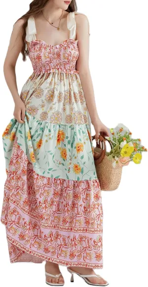 Women Summer Floral Spaghetti Strap Dress Flowy Smocked Tie Up Shoulder Boho Maxi Flowy Swing Dress Y2K Beach Sundress