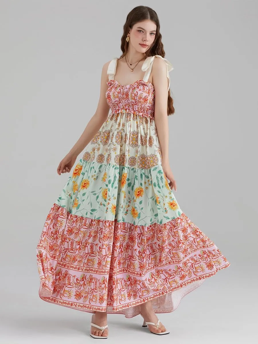 Women Summer Floral Spaghetti Strap Dress Flowy Smocked Tie Up Shoulder Boho Maxi Flowy Swing Dress Y2K Beach Sundress