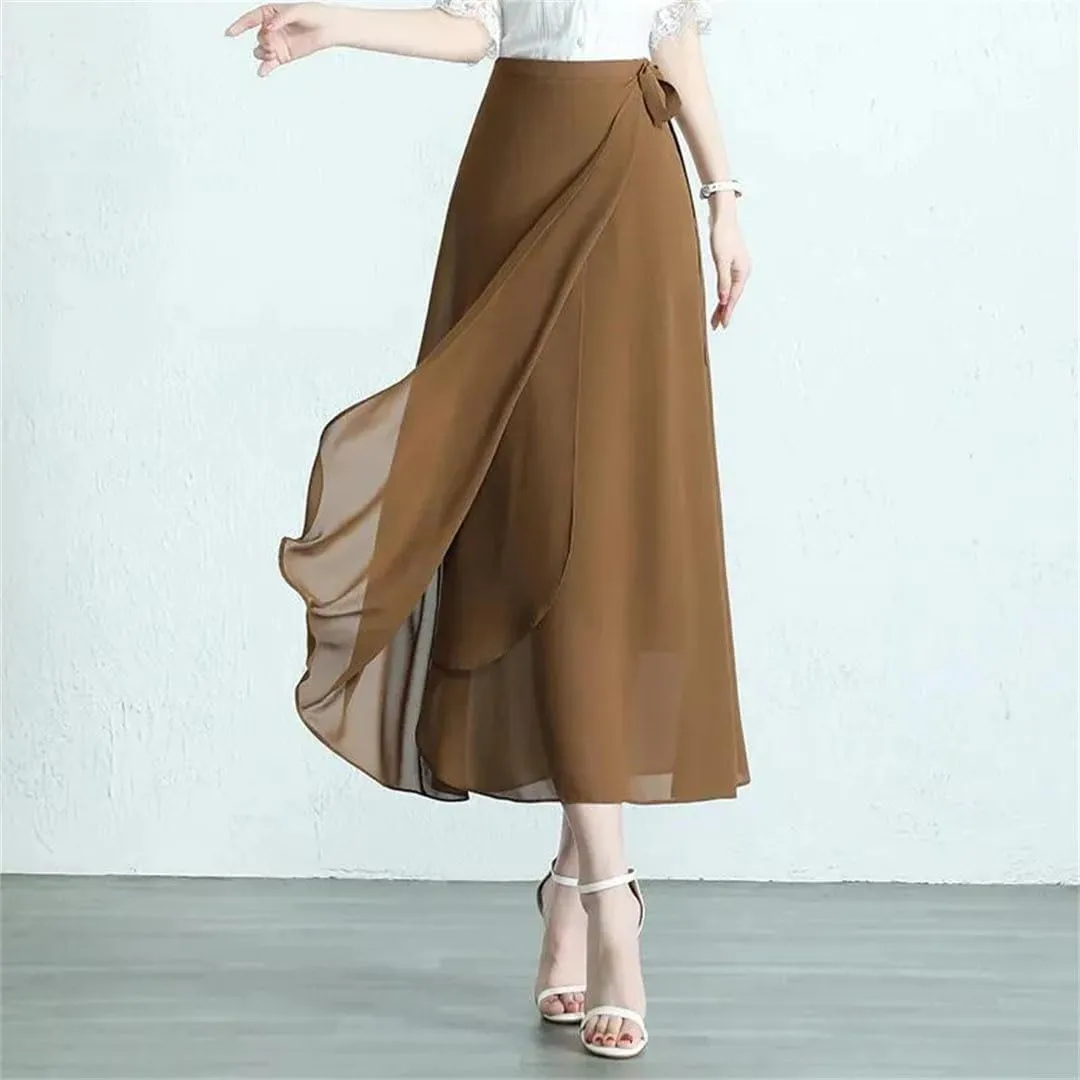 Women Summer Mid-Long Chiffon Loose Elegant High-Waist Skirt