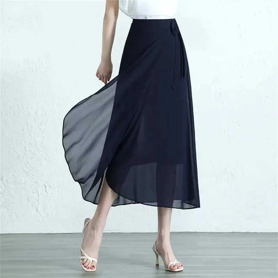 Women Summer Mid-Long Chiffon Loose Elegant High-Waist Skirt
