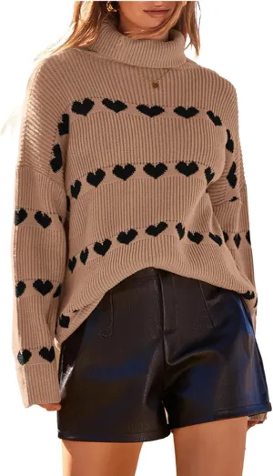 Women Valentines Day Turtleneck Sweaters for Teen Girls Heart Print Oversized Long Sleeve Knit Pullovers Tops(Khaki,M)