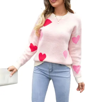 Women Valentines Day Turtleneck Sweaters for Teen Girls Heart Print Oversized Long Sleeve Knit Pullovers Tops(Light Pink Heart,L)